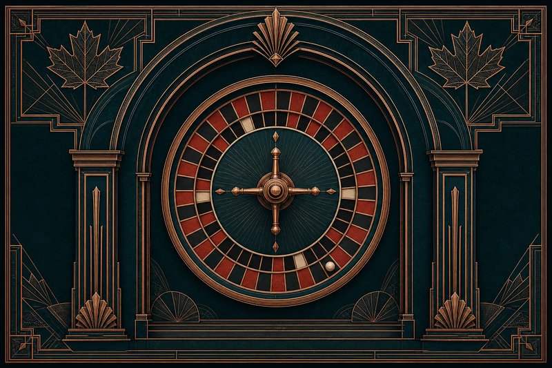 Engraved illustration of a roulette wheel and betting layout with chips placed on even-money bets