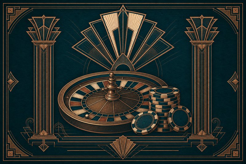 Engraved illustration of a live roulette table with a croupier and chips on the betting layout