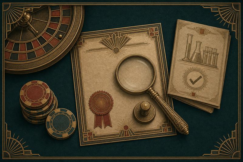 Engraved overhead illustration of a casino license certificate, a magnifying glass, a laboratory test report and roulette chips