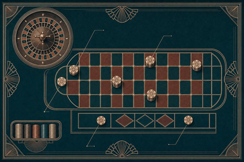 Engraved diagram of a roulette table layout with chips placed on split and corner bets