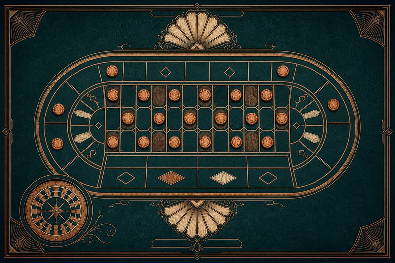 Diagrama grabado de una mesa de ruleta con fichas colocadas en apuestas de caballo y cuadro